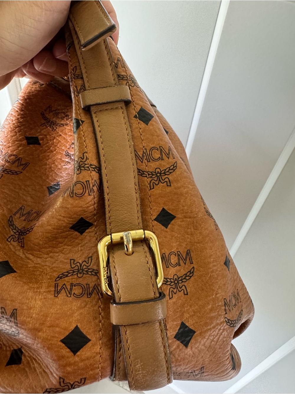 MCM Cognac Visetos Logo Drawstring Shoulder Bag - Picture 9 of 16